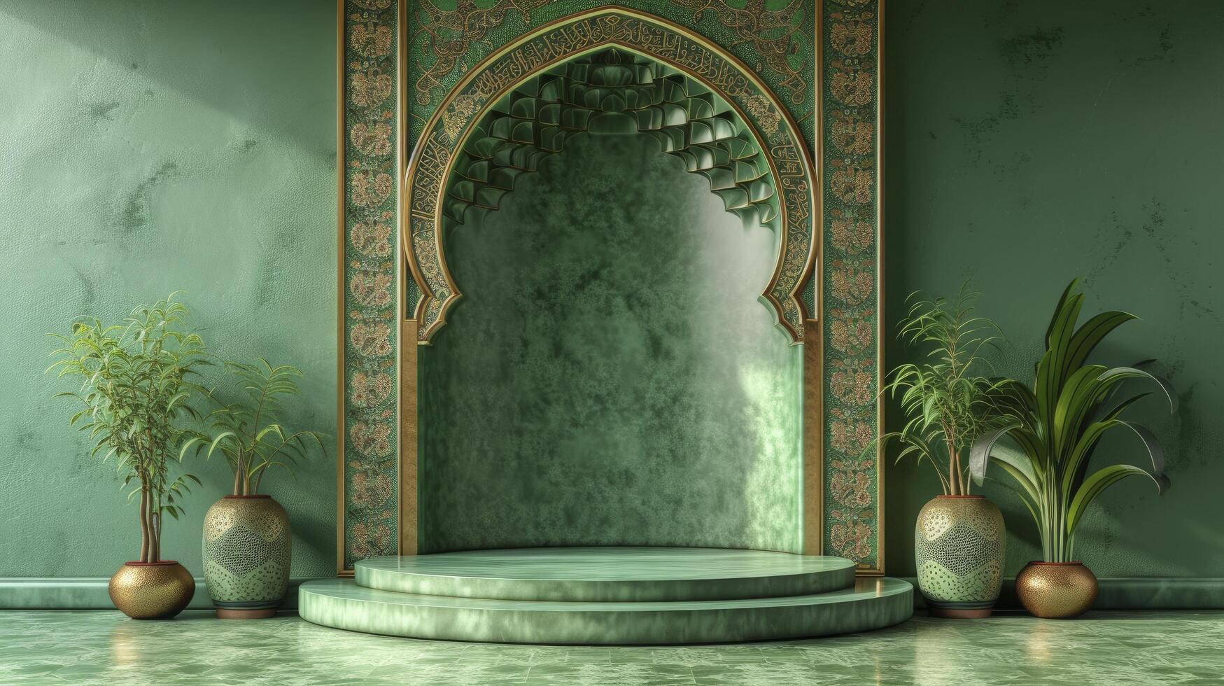 AI generated A 3D Islamic podium resembling a decorated mimbar, featuring a color palette of green, gold, bronze, and pastel tones. photo