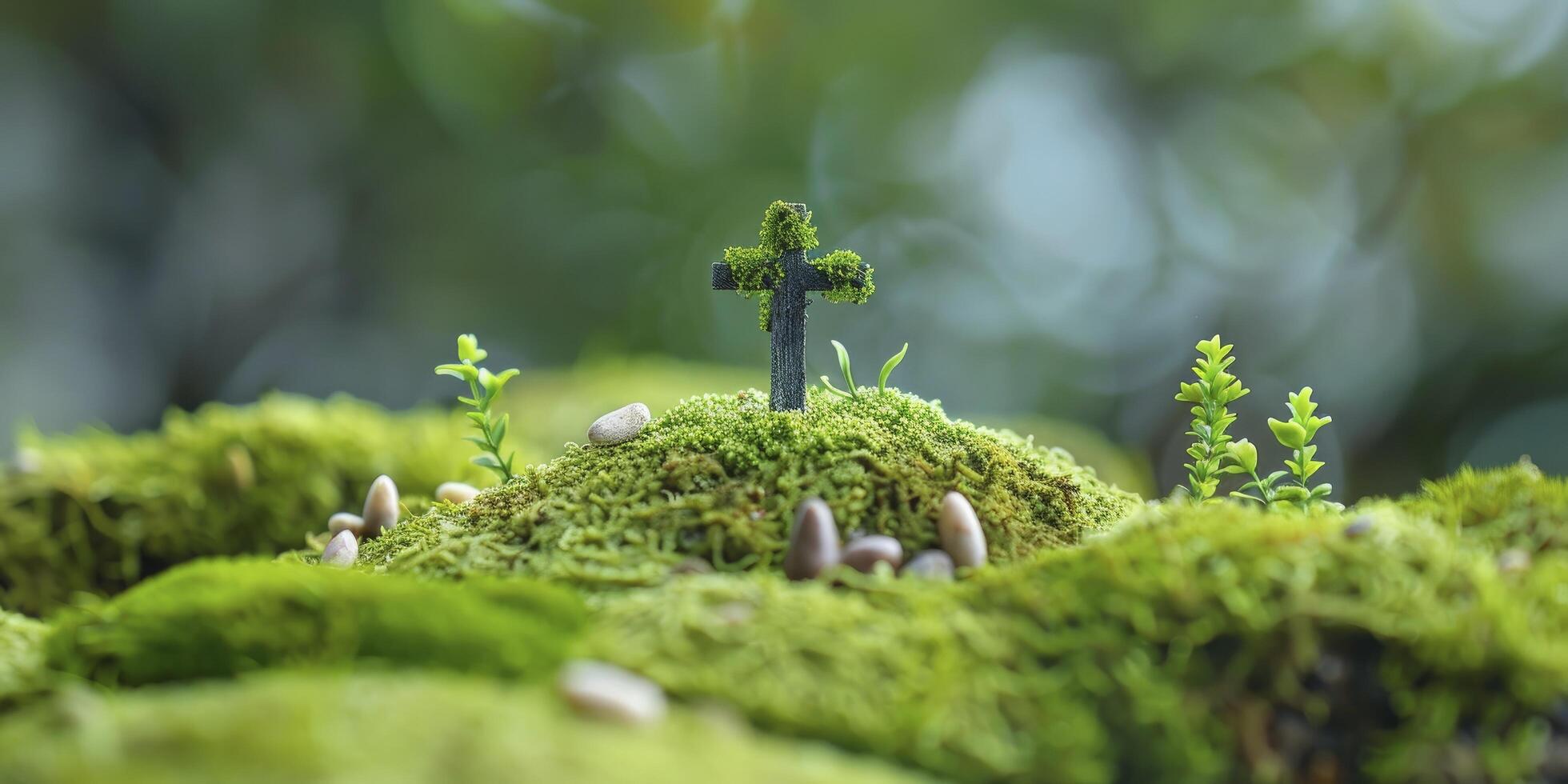 AI generated Easter Resurrection Miniature, Cross atop Mossy Hill Creates Serene Scene of Renewal photo