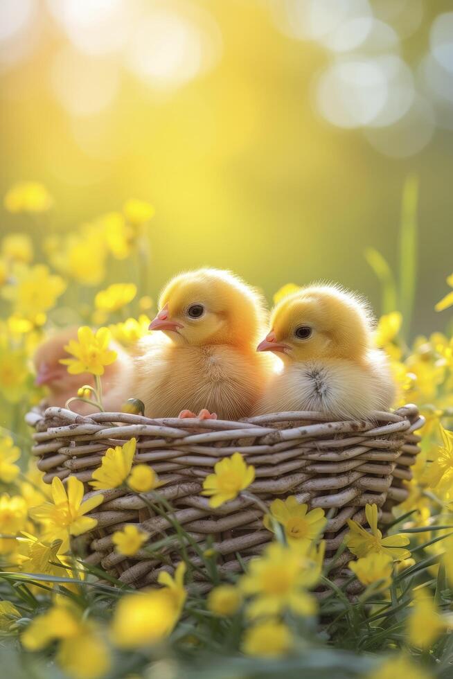 ai generado adorable bolas de pelusa, polluelos anidado en un cesta, capturado en un brillante y vistoso foto, radiante calor y alegría. foto