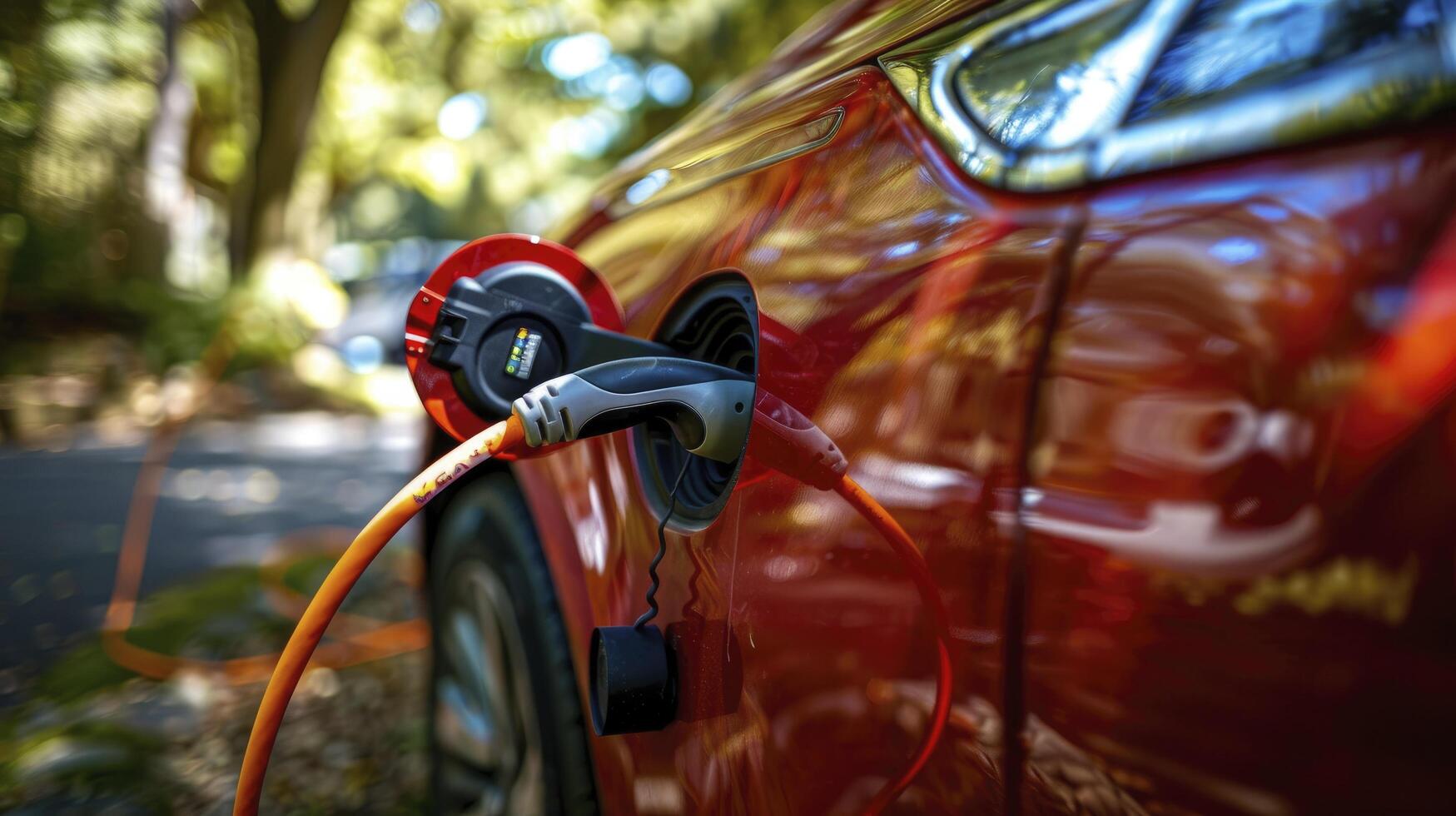 AI generated Charging Towards Sustainability, Close-Up of Electric Car Charging, Symbolizing Ecological Transportation photo