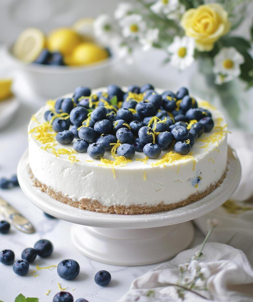 AI generated lemon blueberry creamy cheesecake topped with lemon zest and fresh blueberries photo