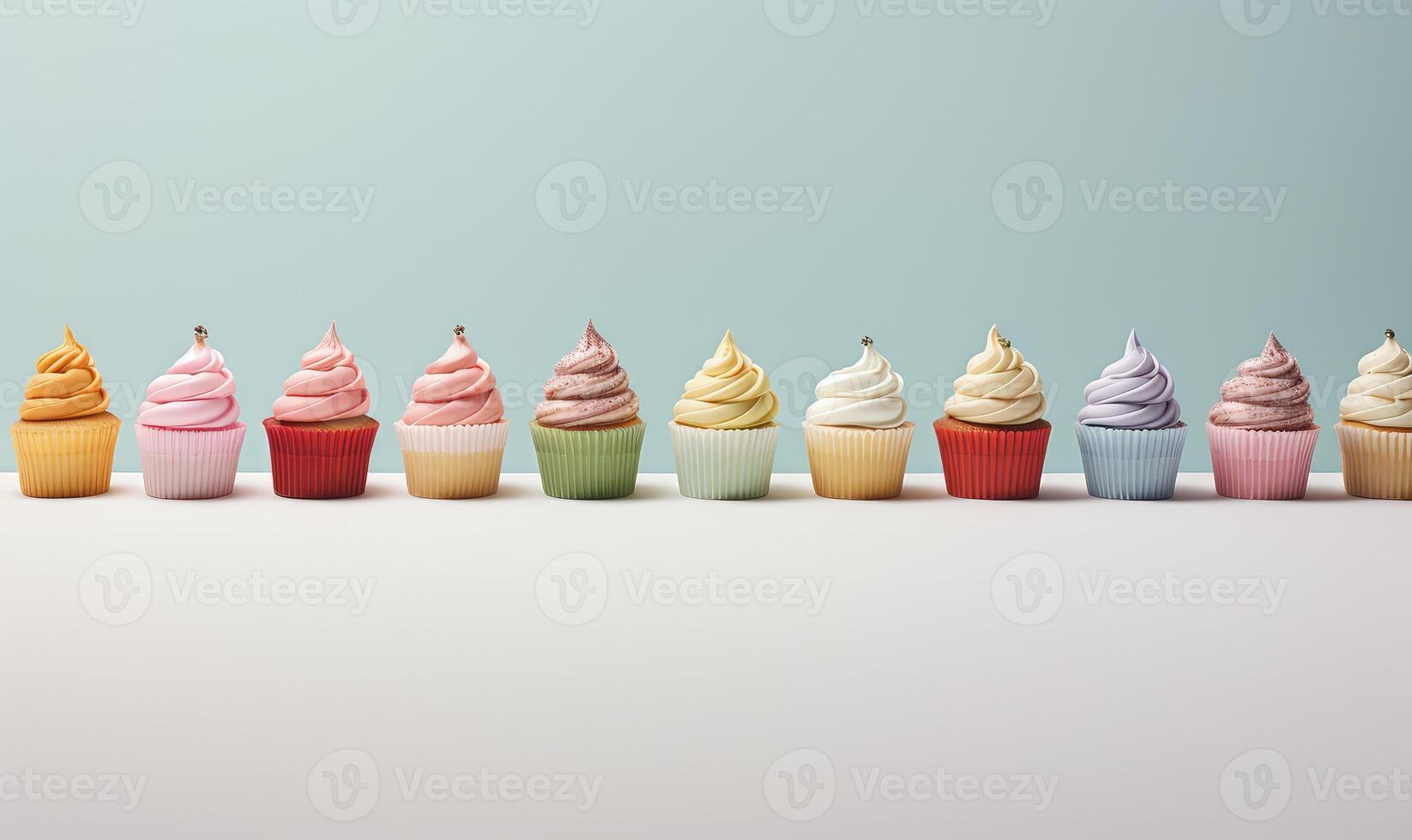 AI generated row of identical cupcakes with different colored photo