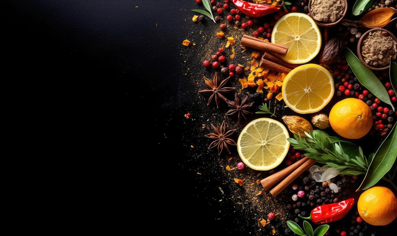 AI generated Black stone cooking background. Spices and vegetables. Top view. Free space for your text photo