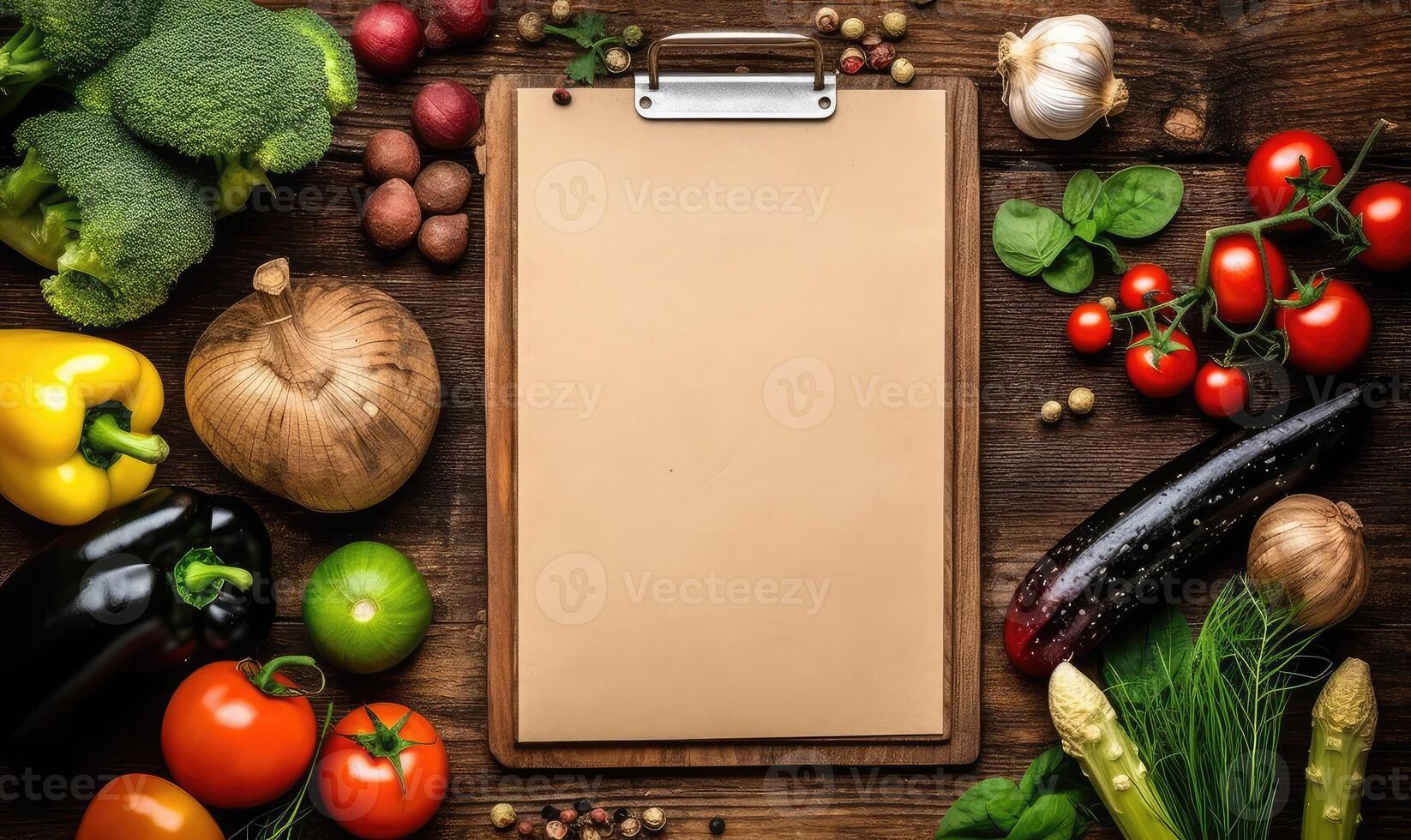 AI generated blank rustic wood menu clipboard, surrounded by cooking ingredients and fruit and vegetables, top view, focus on center photo