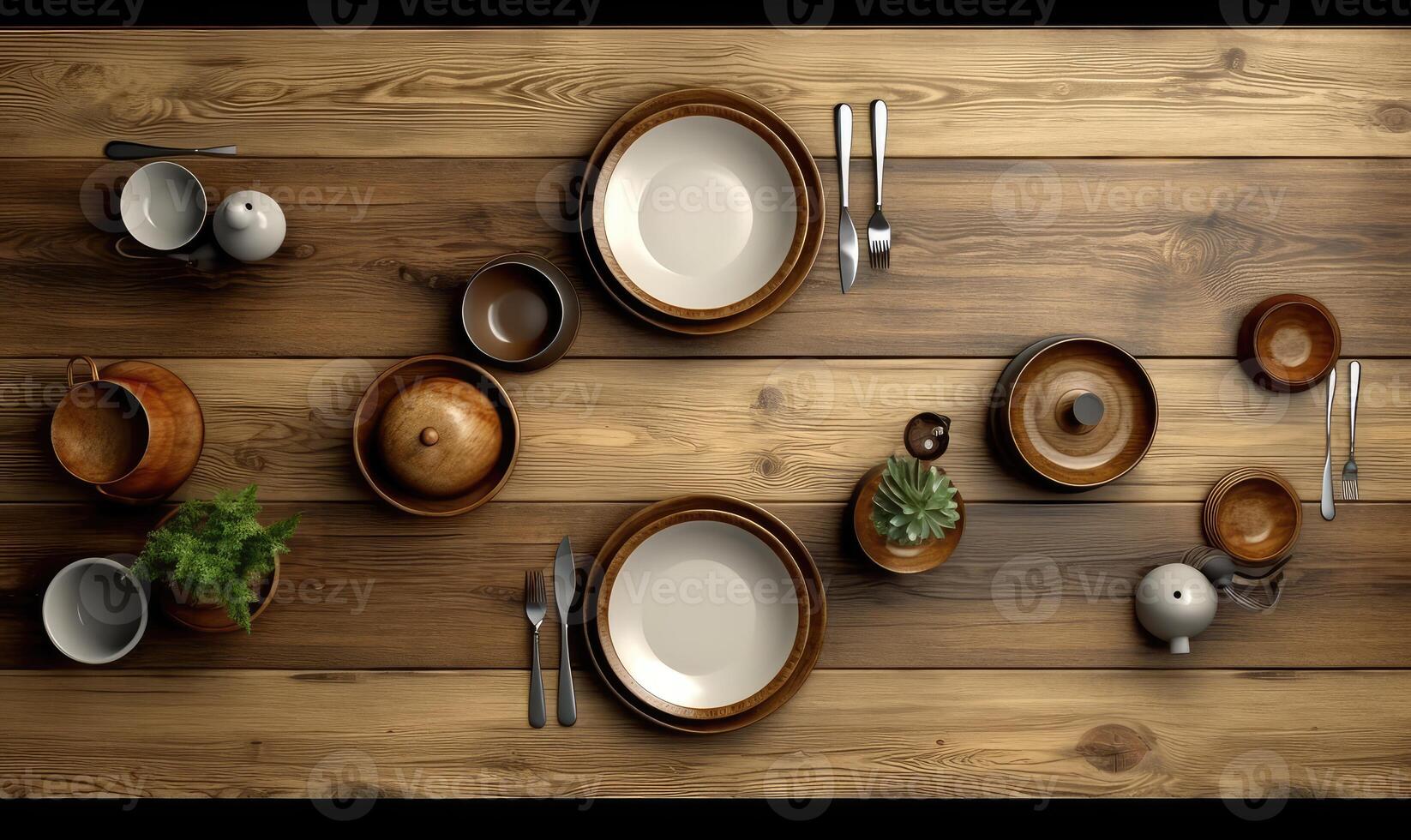 AI generated wooden table kitchenware, rustic, a lot of empty space, view from above photo