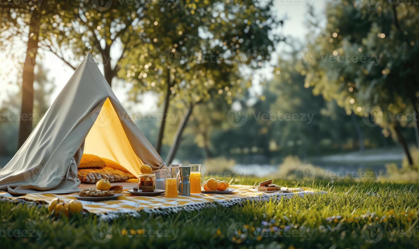 AI generated green lawn, there is a light yellow picnic cloth with a white tent next to it. There are snacks and drinks photo