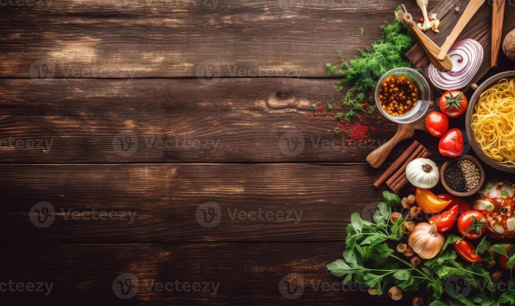 AI generated Organic vegetarian ingredients and kitchen tools. Healthy, clean food and eating concept. Top view. Copy space. Ingredients for cooking on wooden table photo