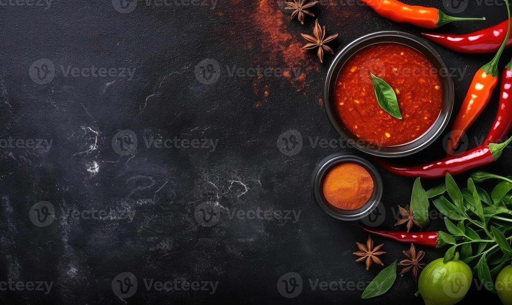 AI generated top view Wide variety spices and herbs on background of black table, with empty space for text photo