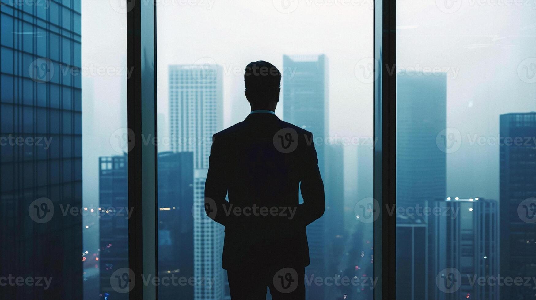 ai generado un hombre en un traje soportes en frente de un ventana mirando fuera a el ciudad foto