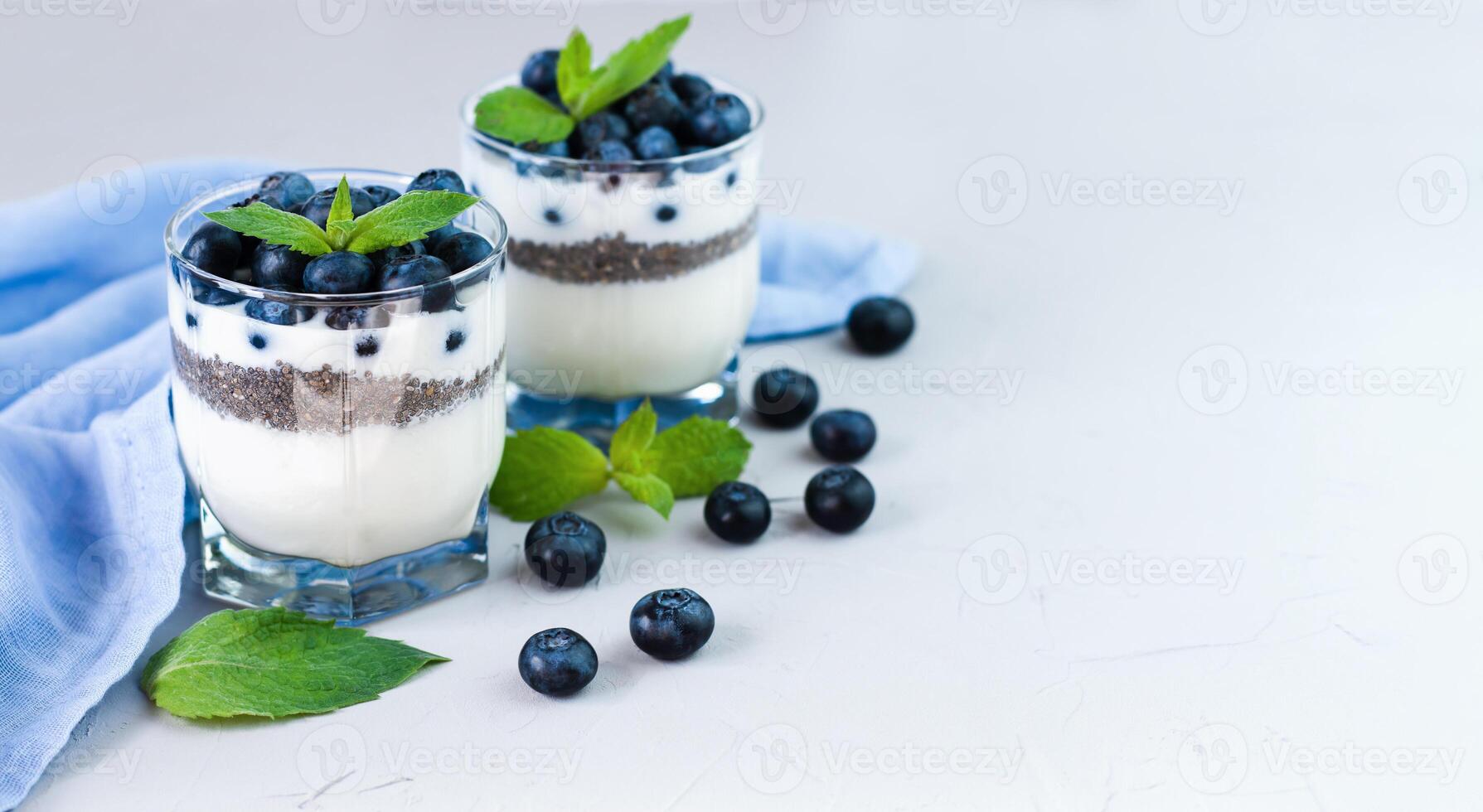 Healthy dessert with freshly blueberries, yogurt and chia seeds on the grey background. Healthy breakfast. Close-up. Copy space. photo