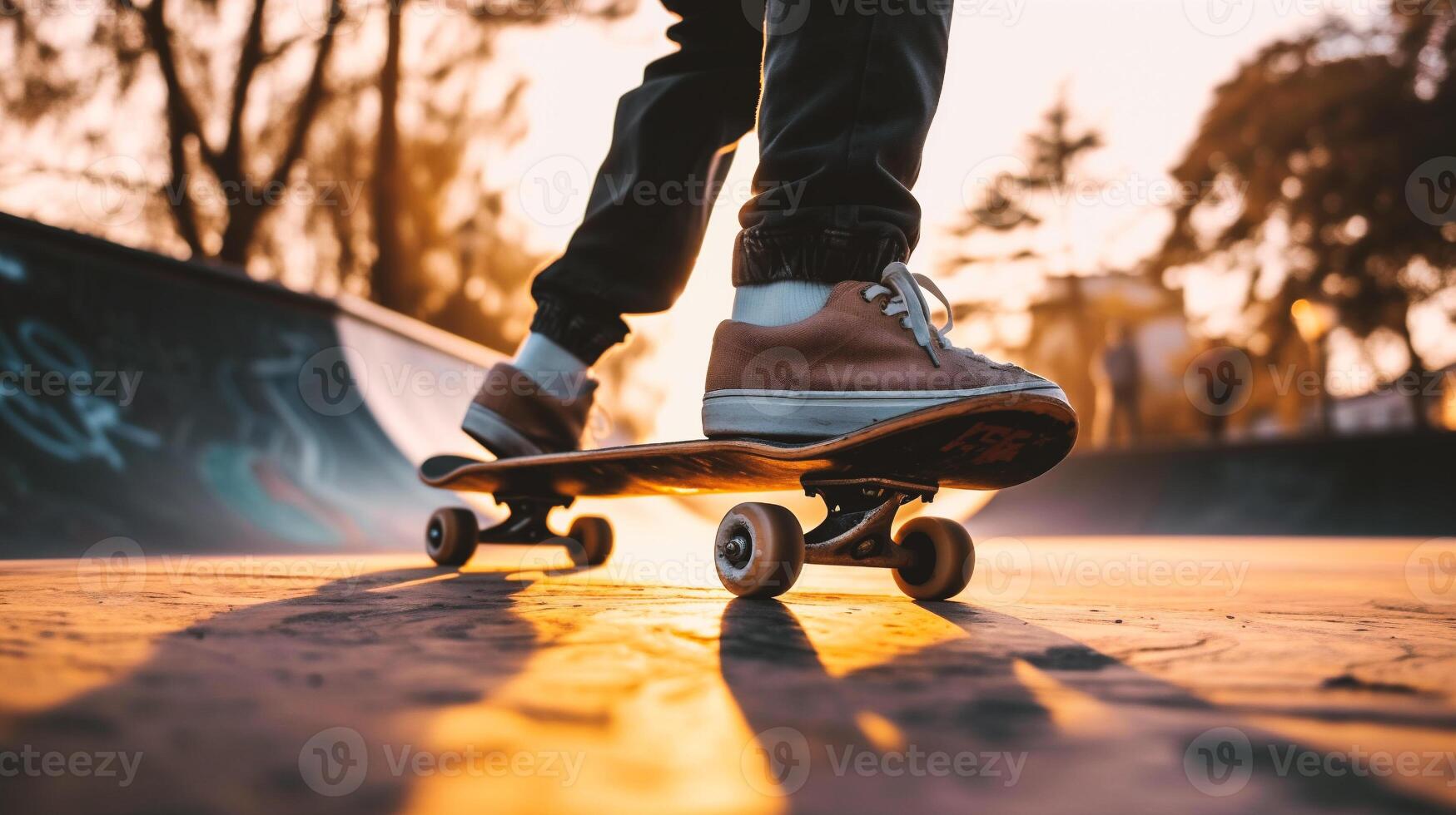 AI generated skateboarder skateboarding at skatepark sunset cityscape background photo