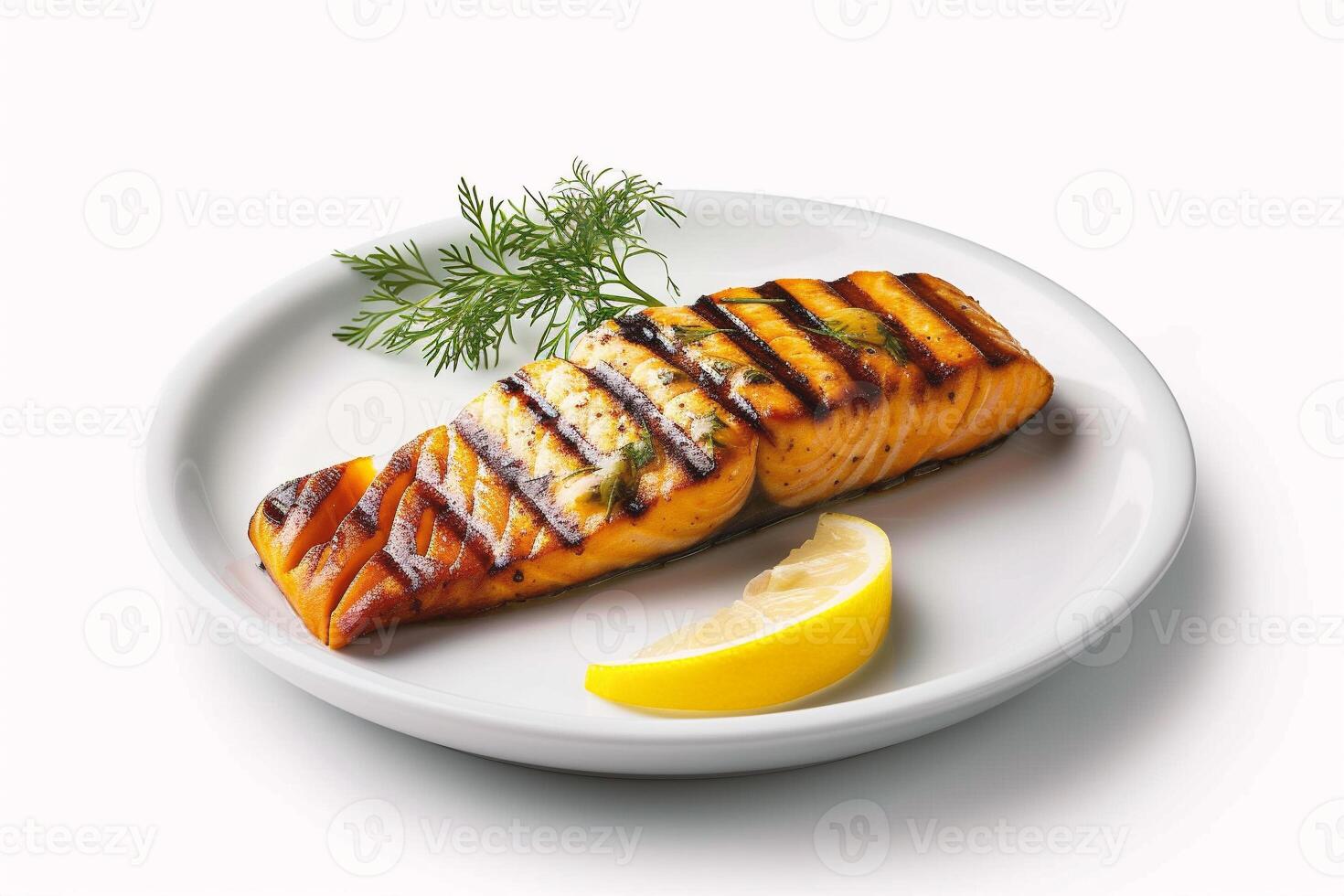 ai generado A la parrilla salmón filete con limón y eneldo en un blanco plato foto