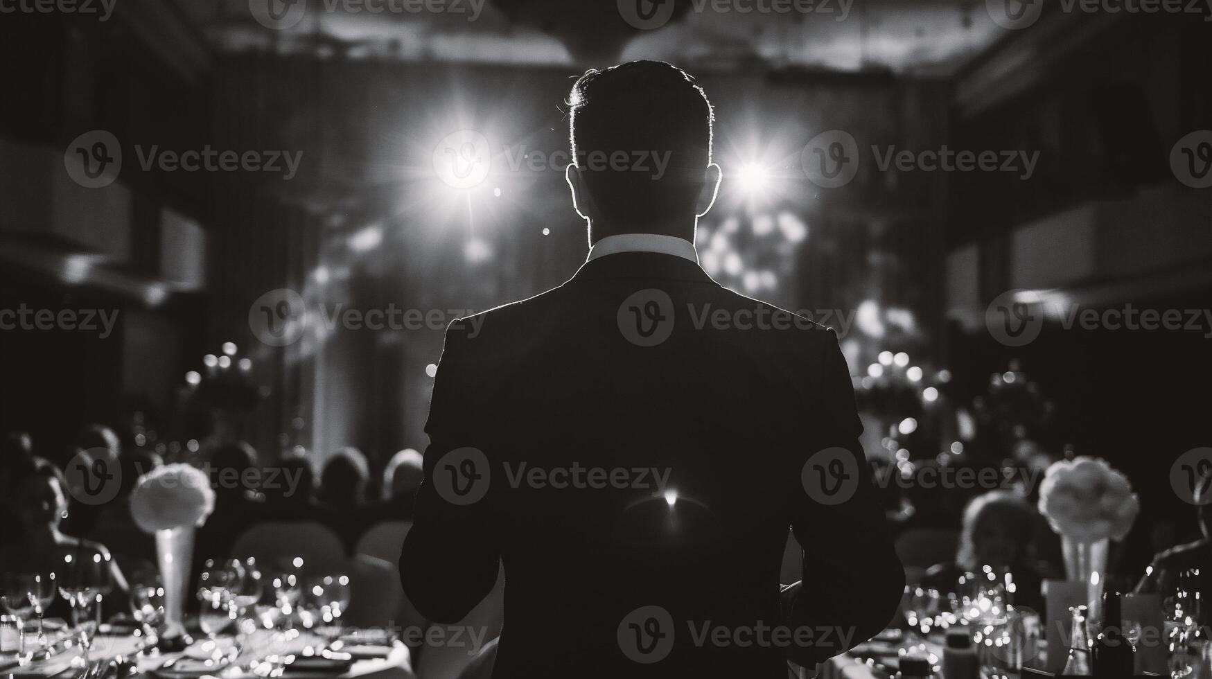 AI generated man standing at the table in a luxury restaurant. Black and white photo. photo