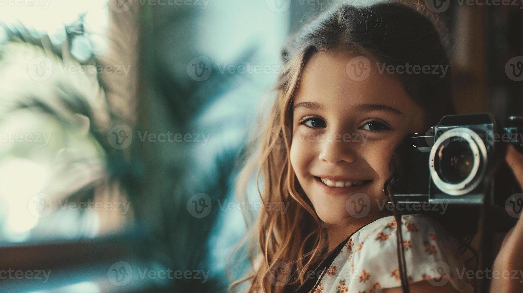 AI generated Portrait of a cute little girl holding a camera and smiling. photo