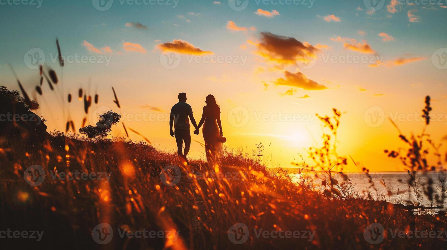 AI generated Couple in love holding hands and looking at sunset on the beach photo