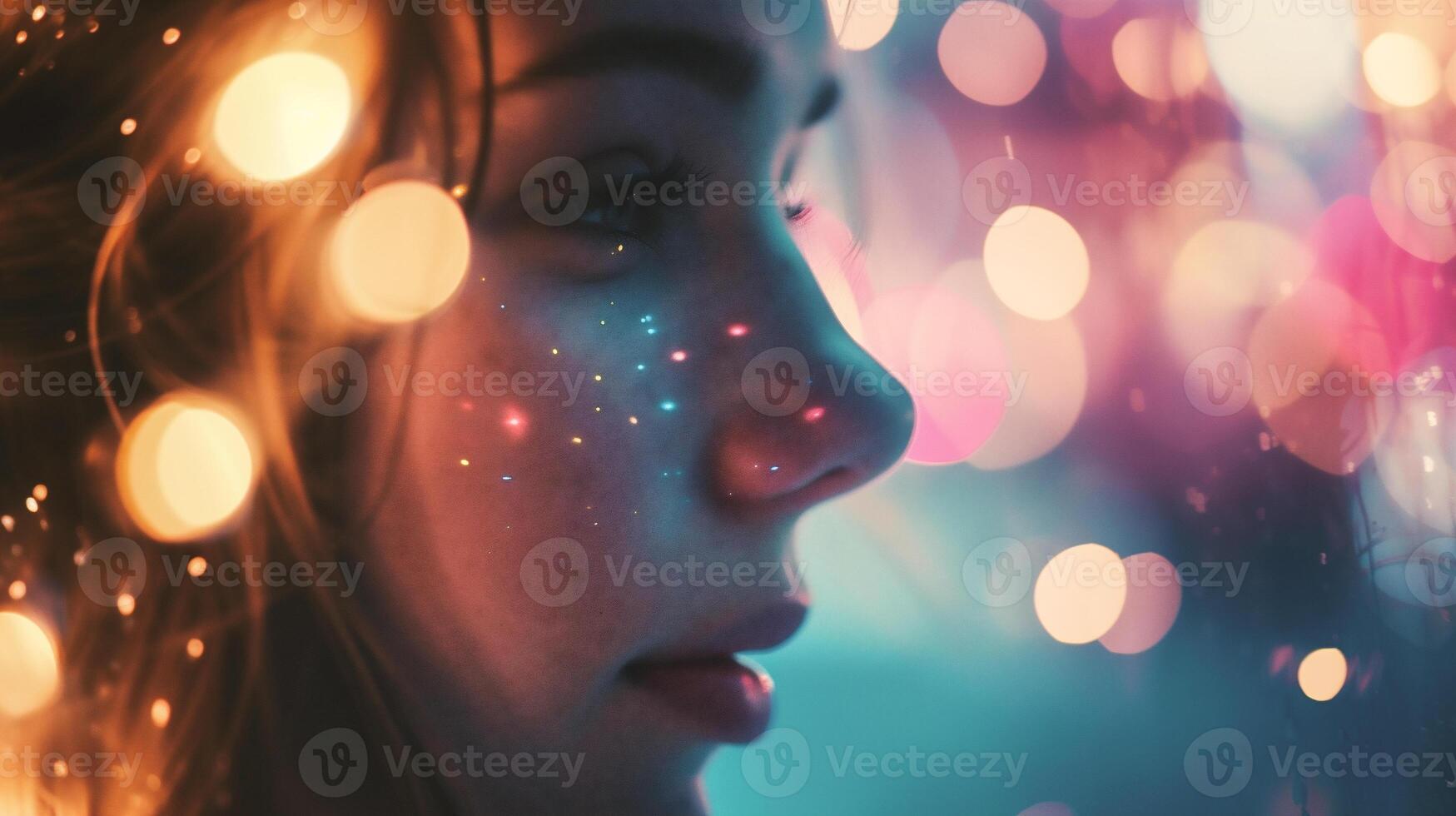 AI generated Portrait of a beautiful young woman in the city at night with bokeh lights photo