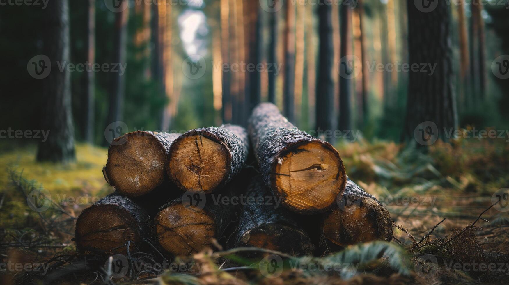 ai generado pila de aserrado árbol bañador en bosque. naturaleza antecedentes foto