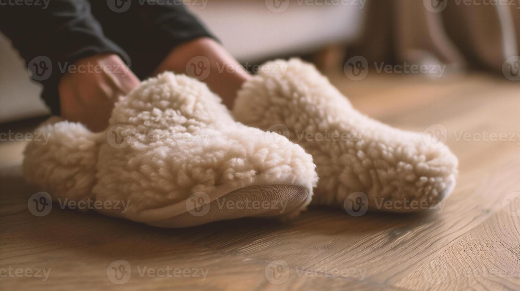 AI generated Close up of female feet wearing white slippers on the wooden floor photo