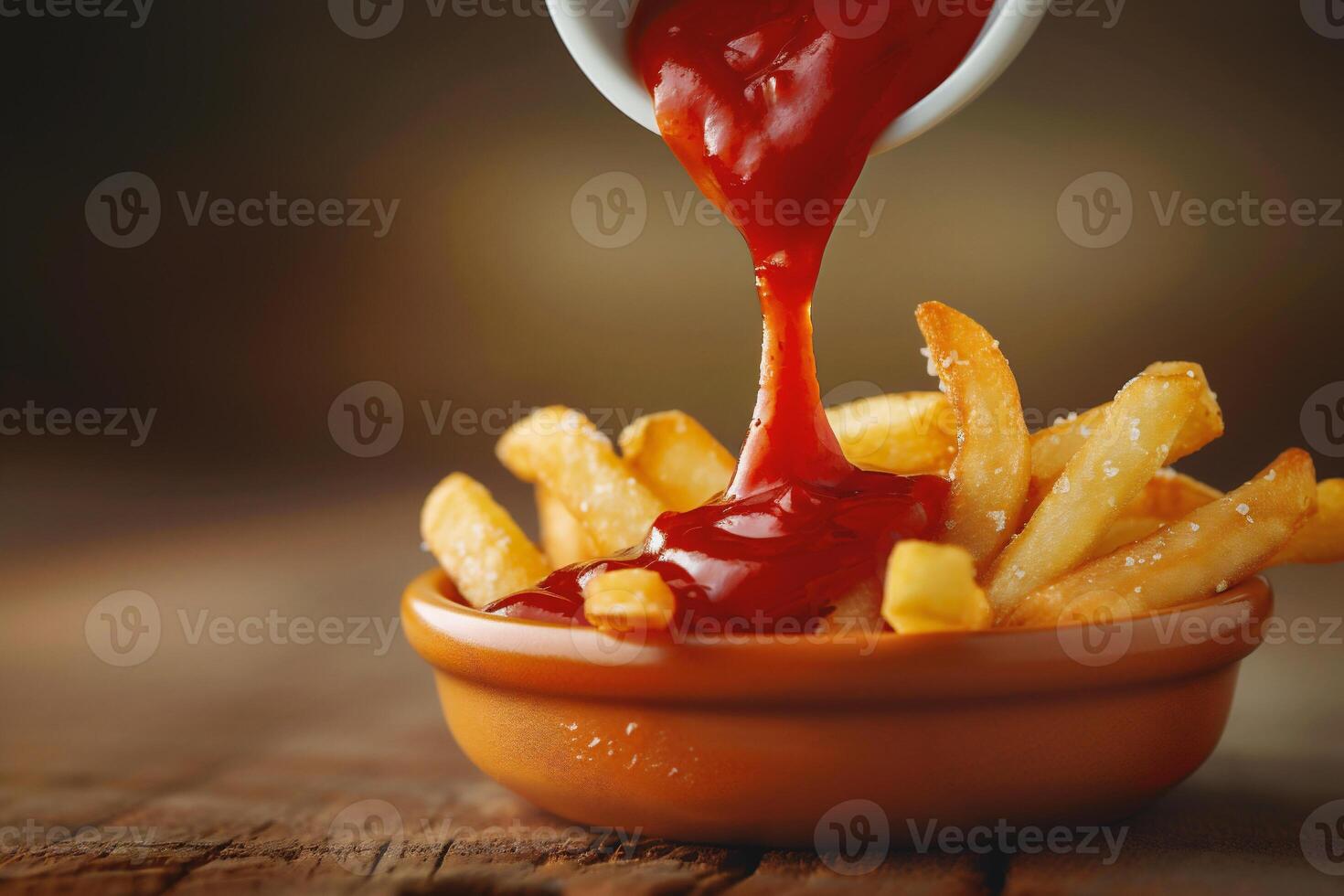 AI generated French fries with ketchup, close up. Selective focus. photo