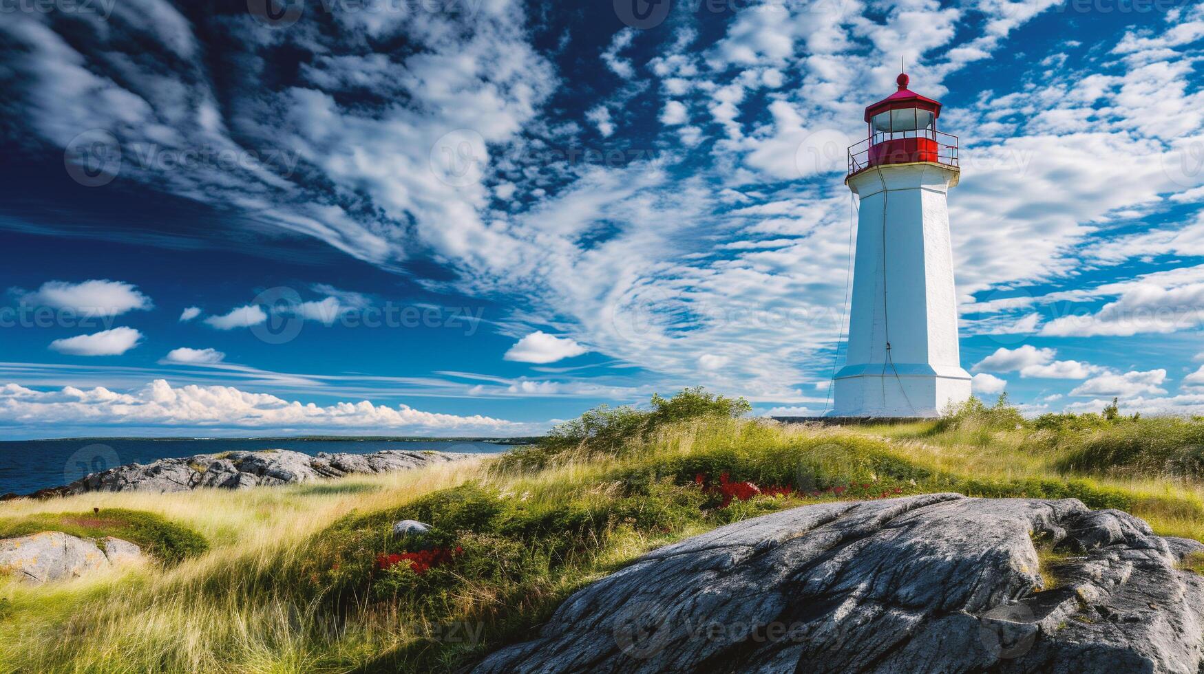 AI generated Lighthouse at the entrance to the harbor photo