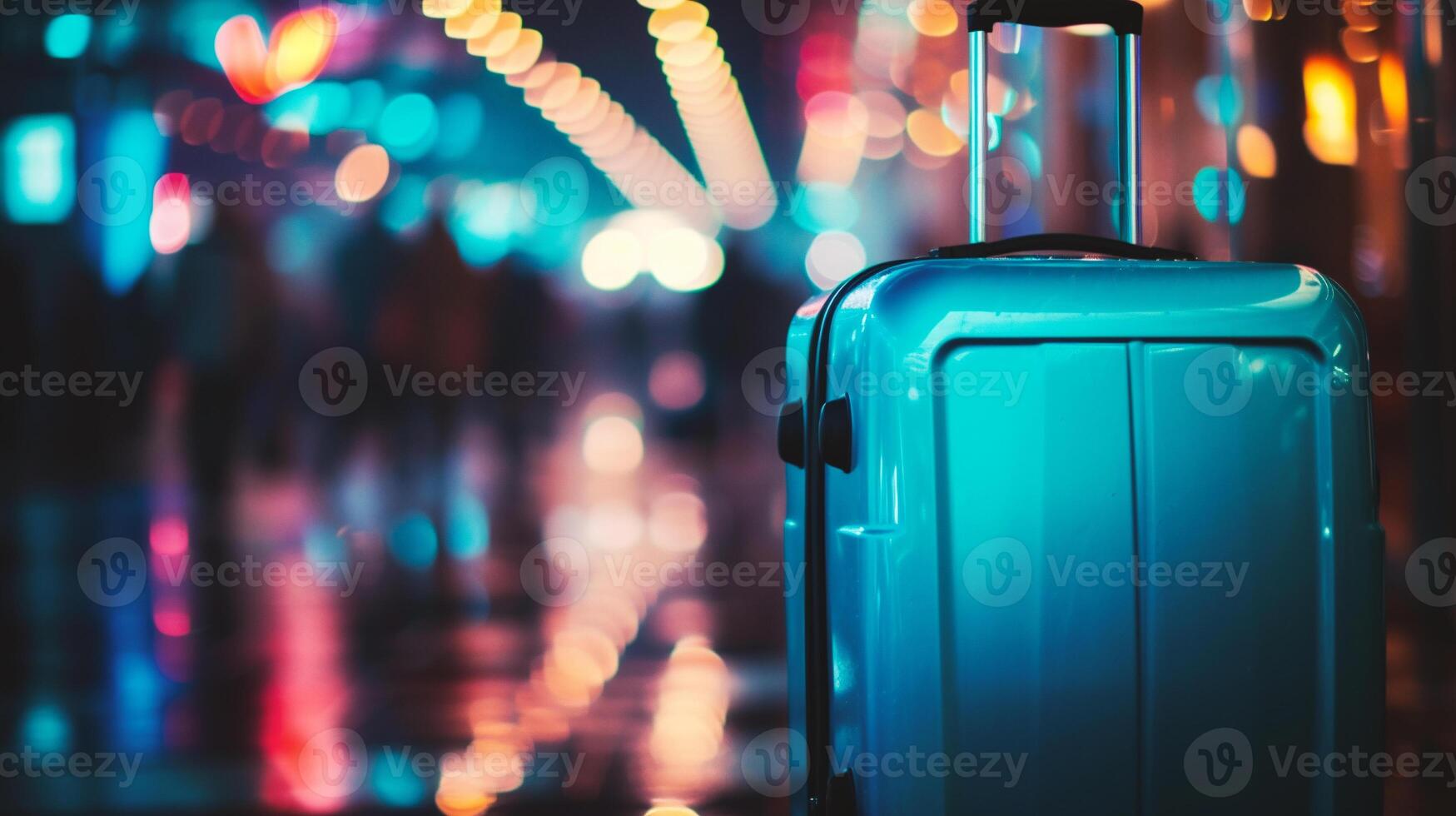 AI generated travel suitcase with bokeh lights background. Travel concept. photo
