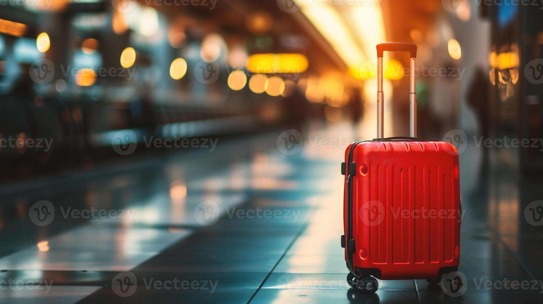 AI generated travel suitcase with bokeh lights background. Travel concept. photo