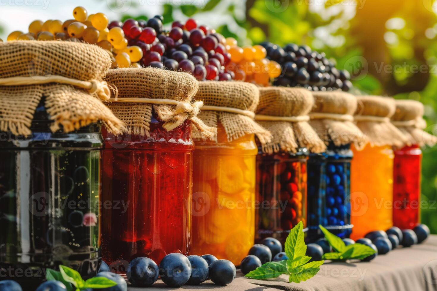 AI generated Variety of jams in glass jars on table in vineyard. photo