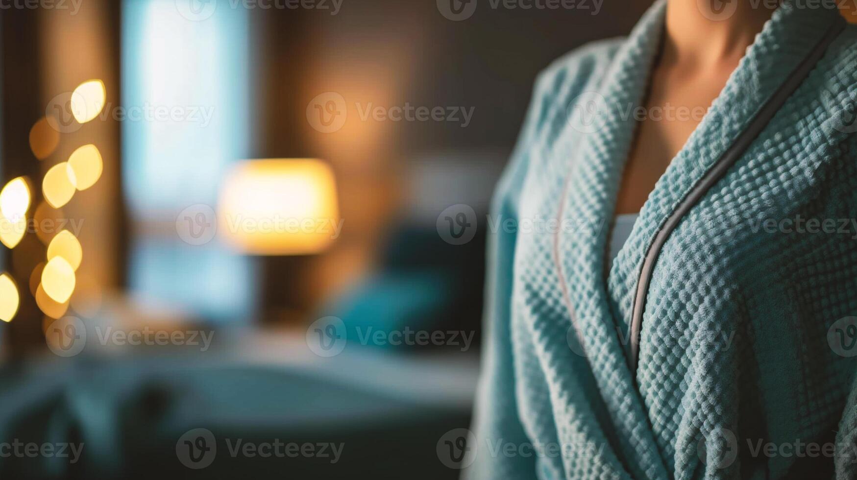 AI generated Close up of woman in bathrobe standing in hotel room, blurred background photo