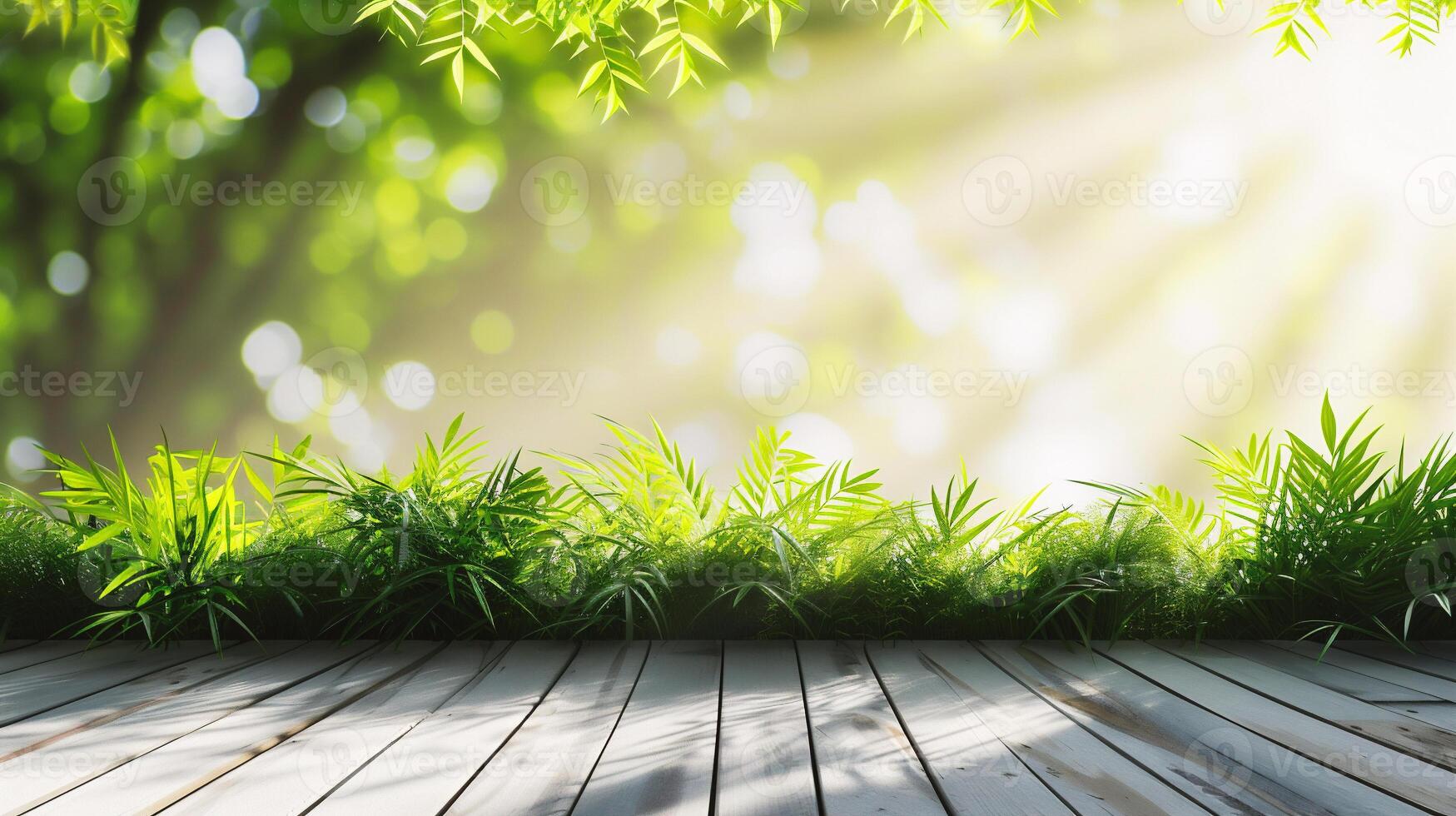 AI generated Wooden floor in the garden with green grass and sunlight background. photo