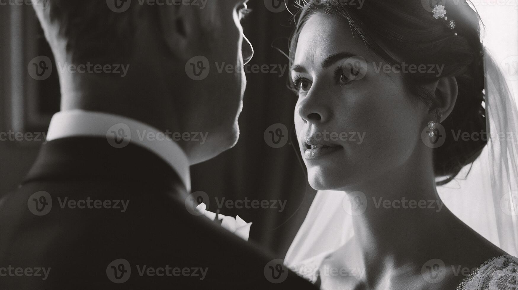 AI generated Beautiful bride and groom in their wedding day. Black and white photo. photo