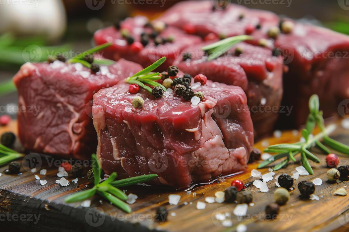 ai generado crudo carne de vaca filetes con hierbas y especias en rústico de madera antecedentes foto