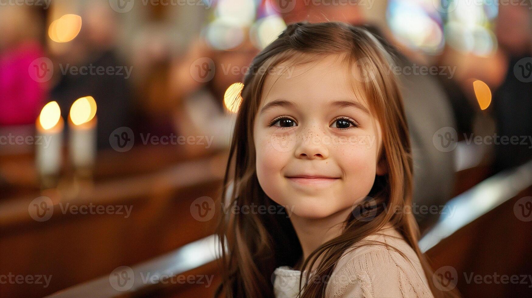 ai generado retrato de linda pequeño niña en iglesia, superficial profundidad de campo foto