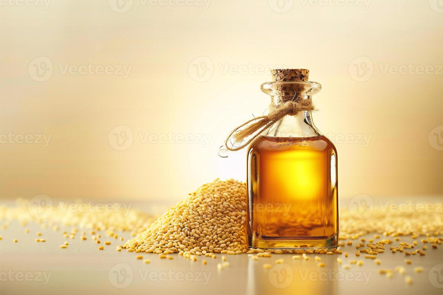 AI generated Sesame oil in a glass bottle with sesame seeds photo