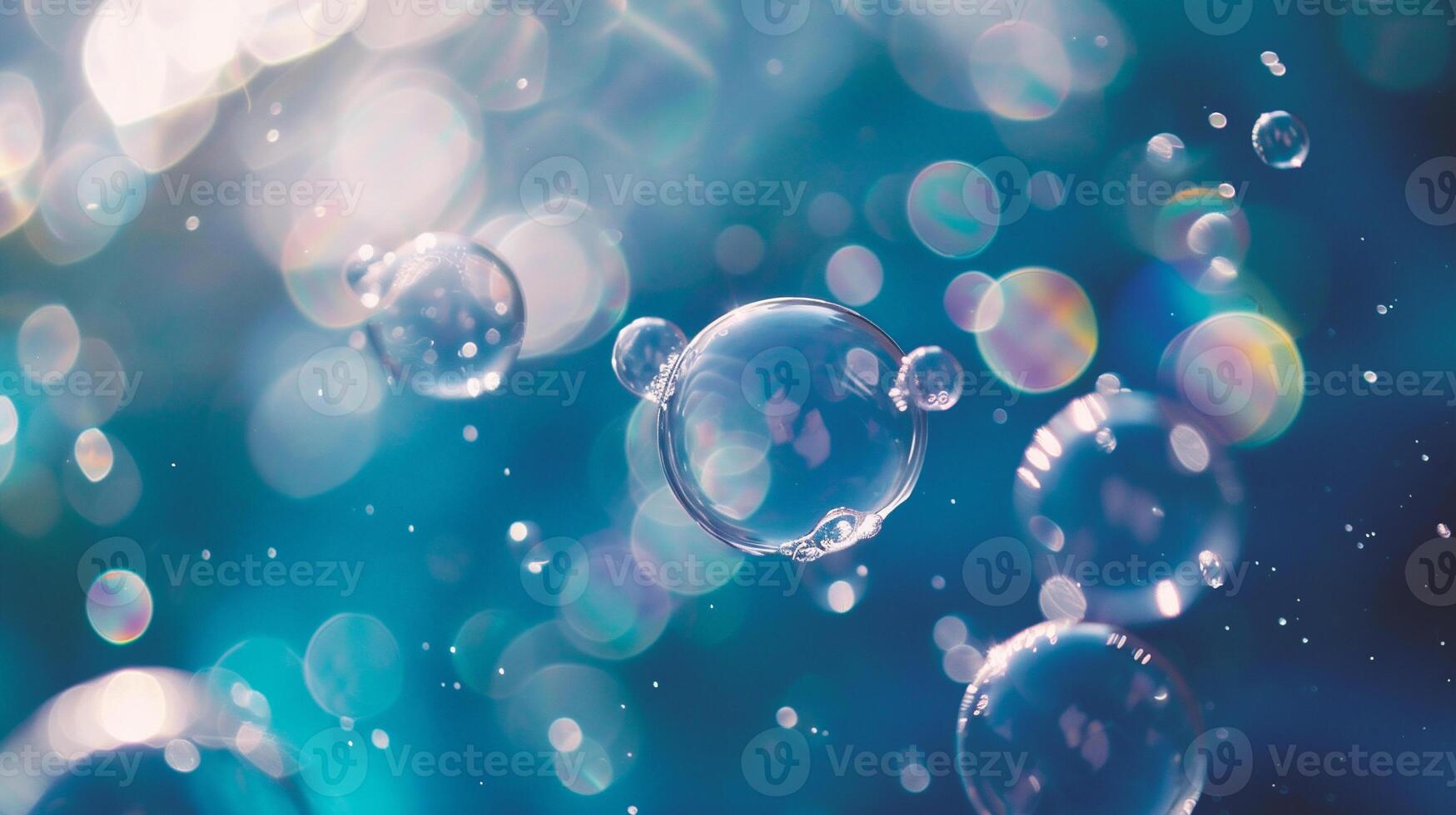 AI generated Bubbles on a blue background with bokeh effect. photo