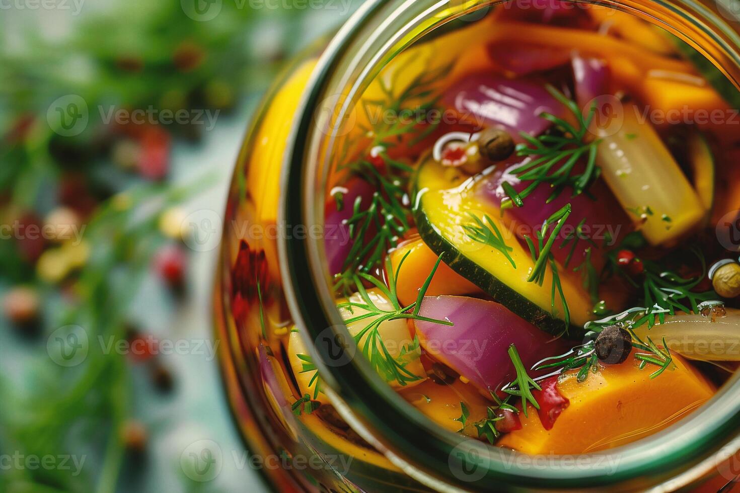 AI generated Pickled vegetables in a glass jar on the table in the kitchen photo