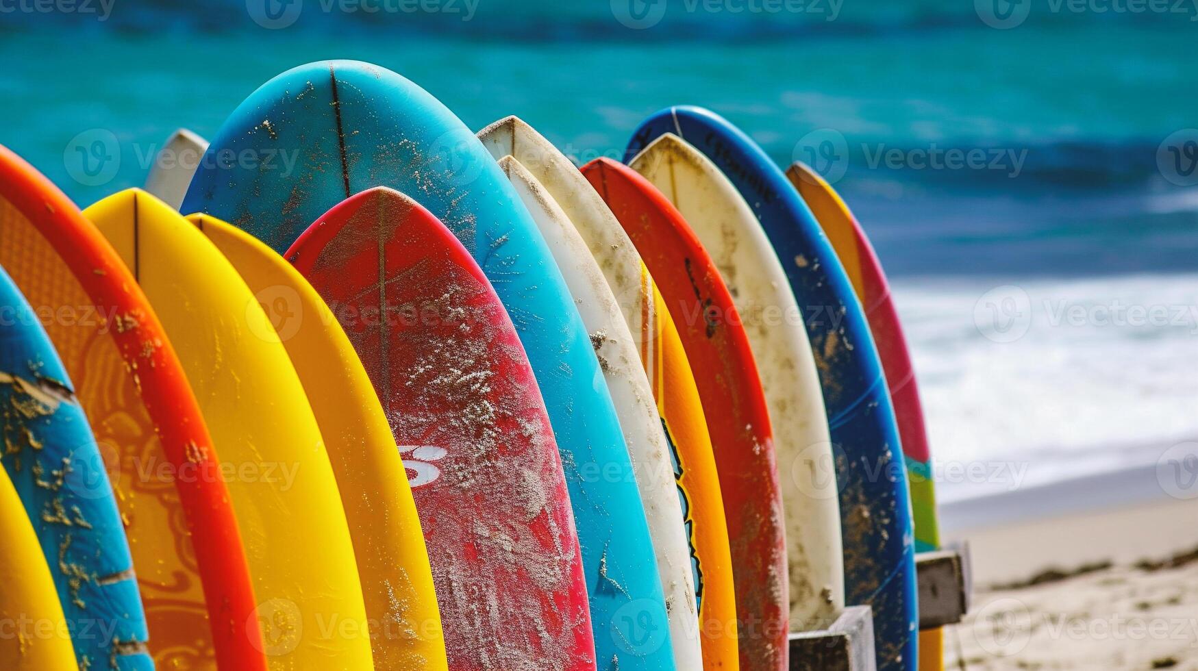 AI generated Colorful surfboards on the beach photo