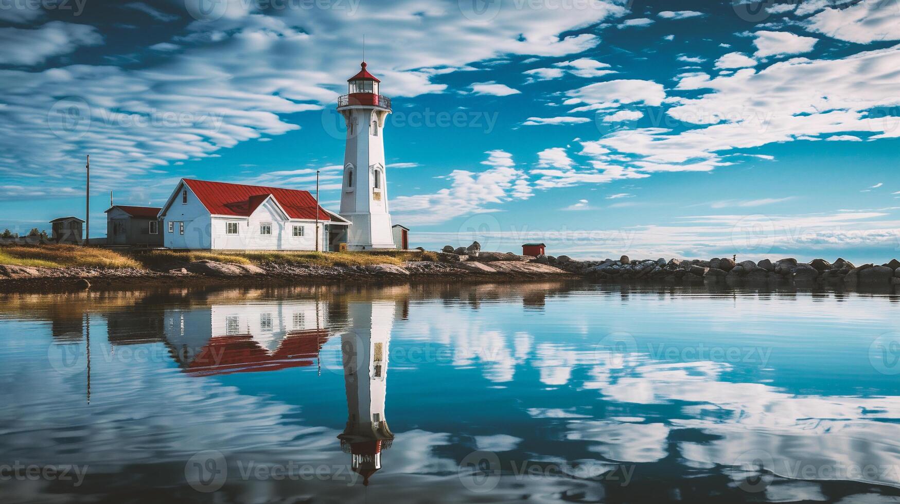 ai generado faro a el Entrada a el puerto foto