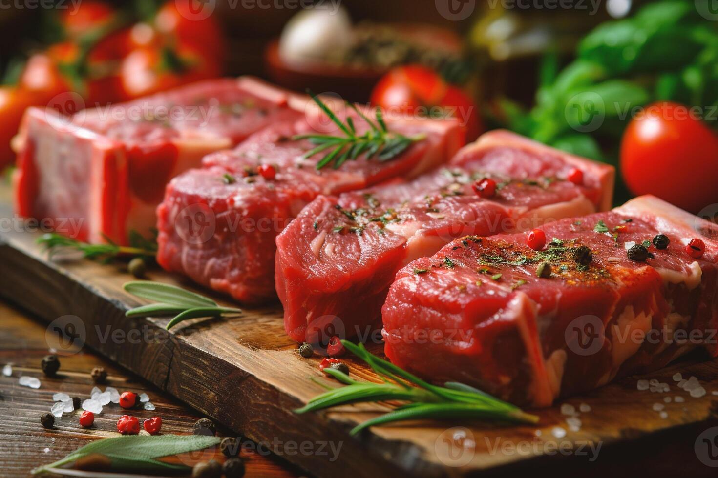 ai generado crudo carne de vaca filetes con hierbas y especias en rústico de madera antecedentes foto