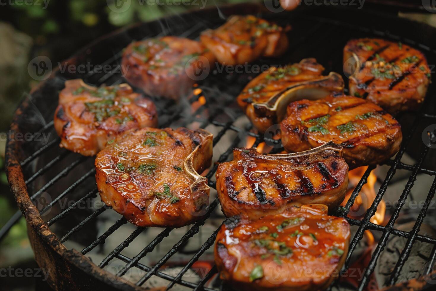 ai generado parrilla con A la parrilla carne y vegetales en un parilla parrilla al aire libre foto