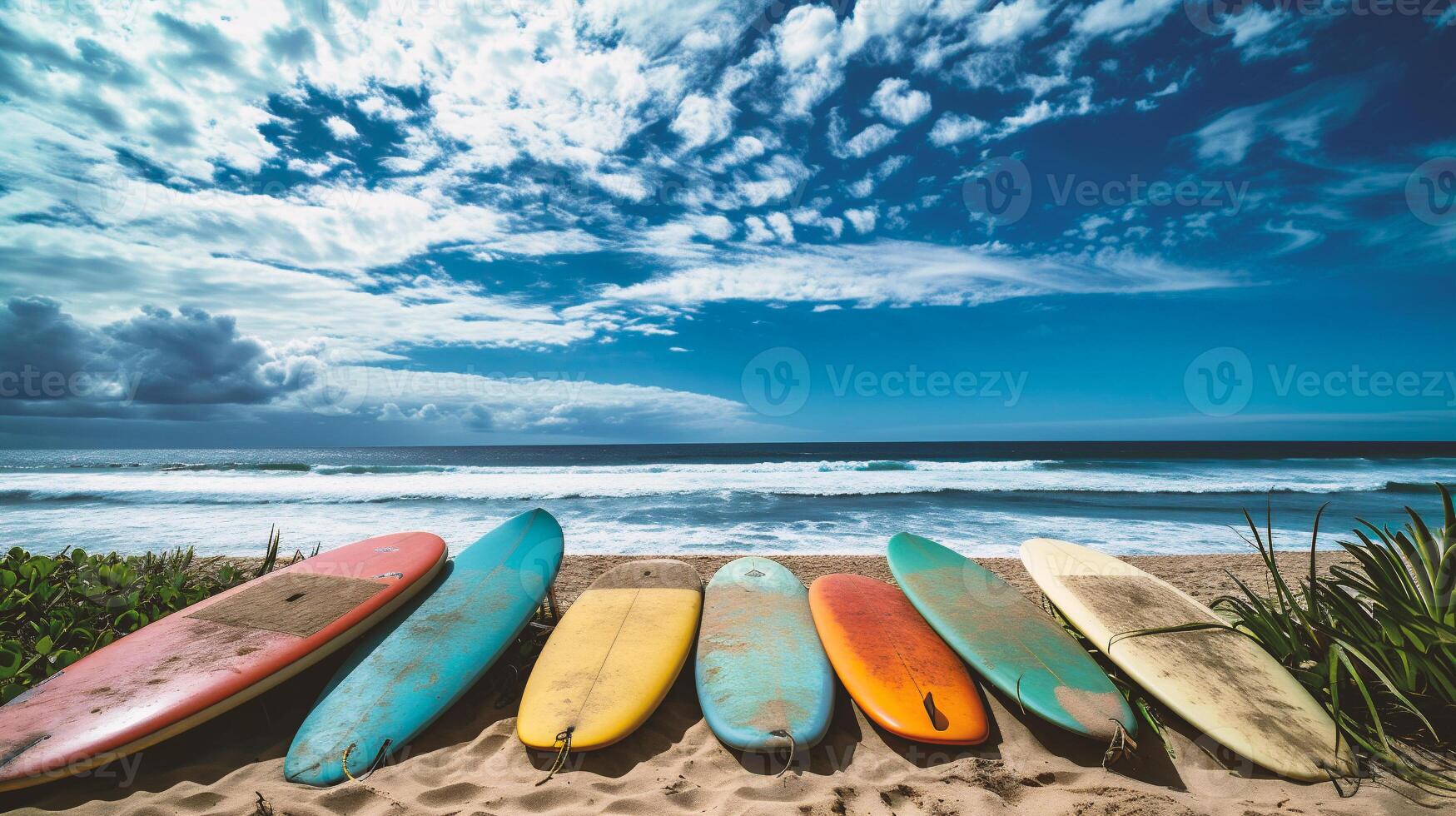 ai generado vistoso tablas de surf en el playa foto