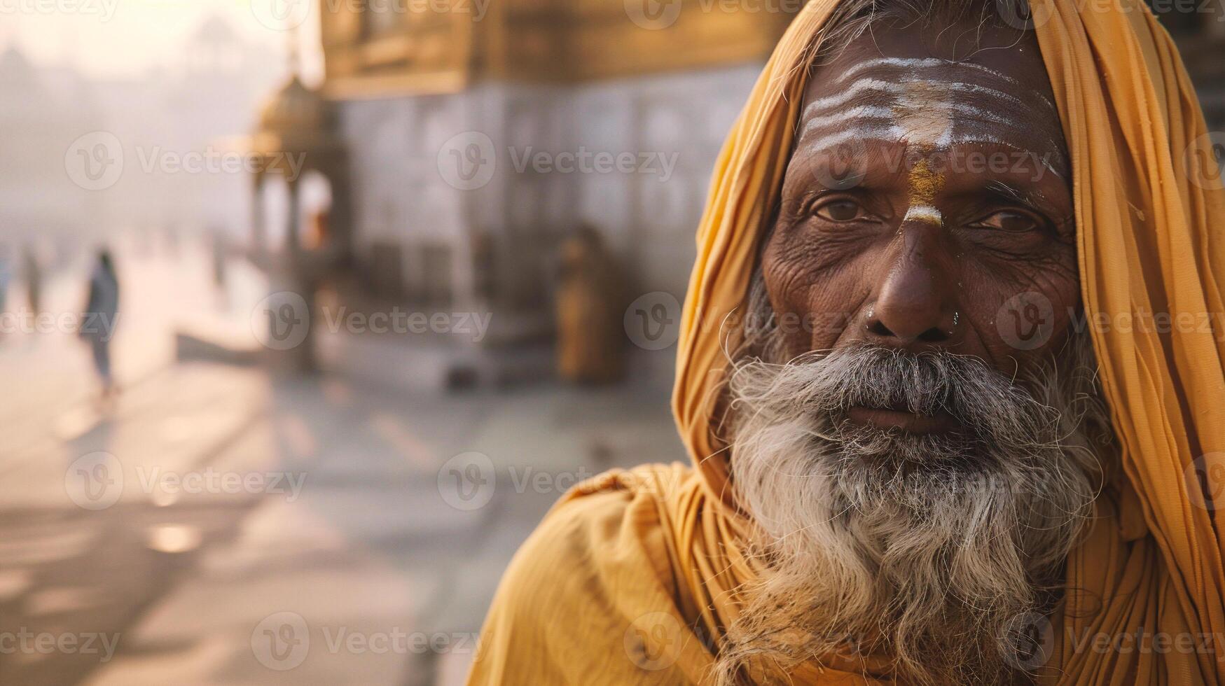 ai generado retrato de un sadhu a el templo en el Mañana foto