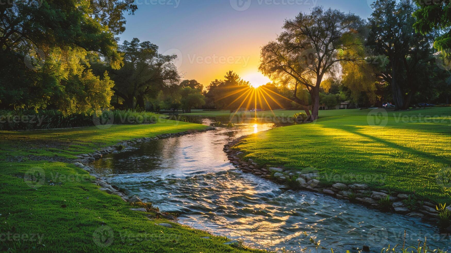 AI generated Sunset over a small stream in a park photo