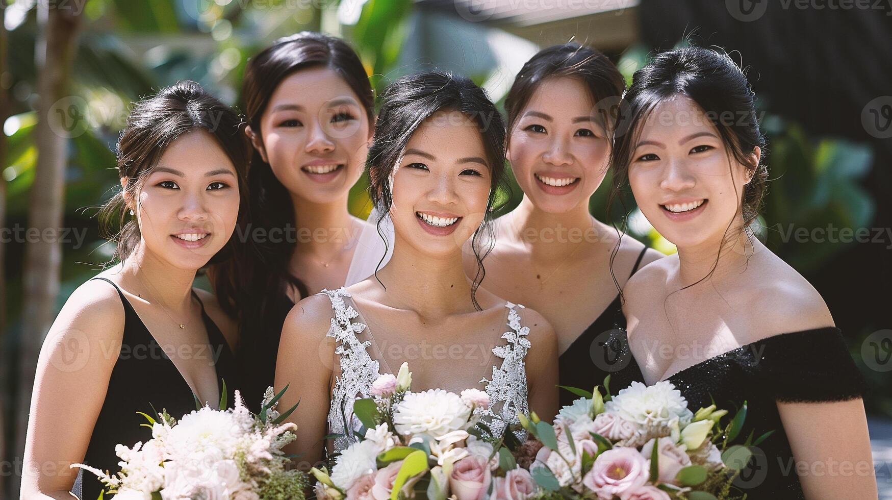 AI generated portrait of happy asian bride with her bridesmaids photo