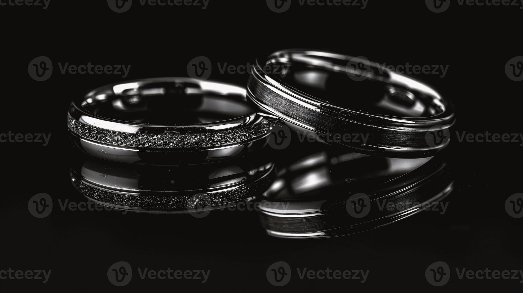 ai generado dos plata Boda anillos en un negro antecedentes. de cerca. foto