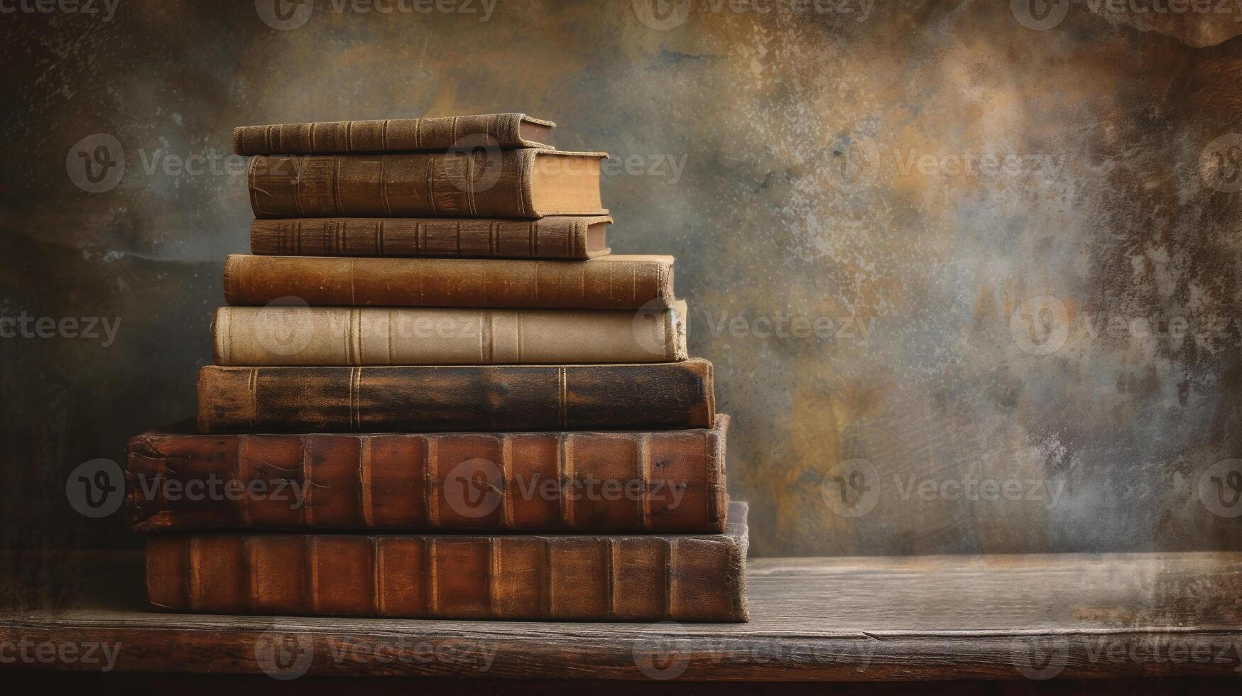 AI generated stack of old books on the table,vintage color tone. photo
