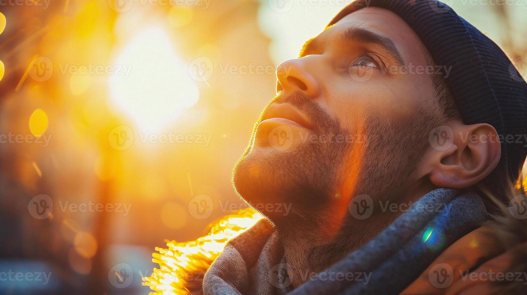AI generated Close-up portrait of a handsome young man in the city at sunset photo