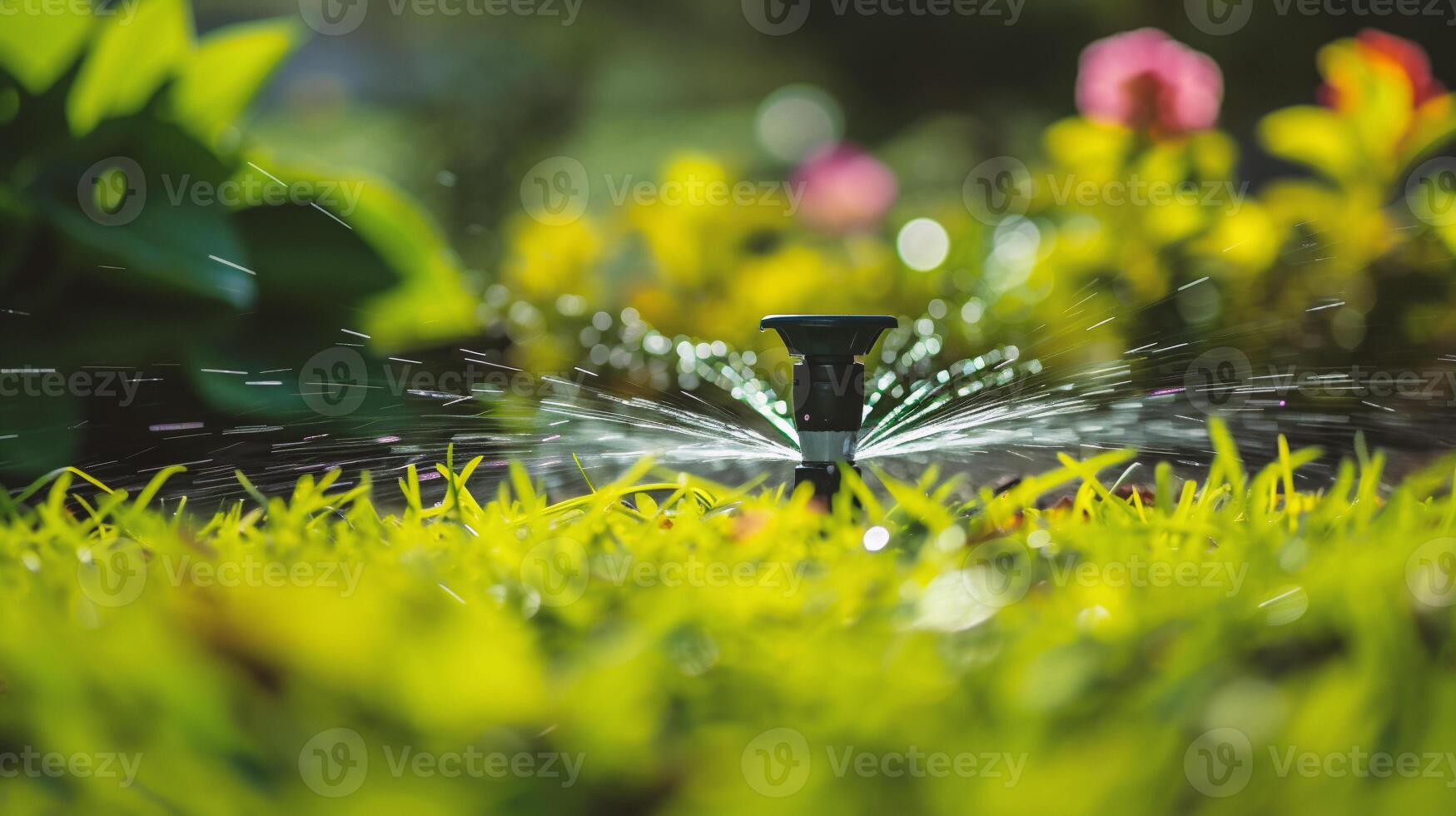 AI generated Garden sprinkler watering grass in the garden photo