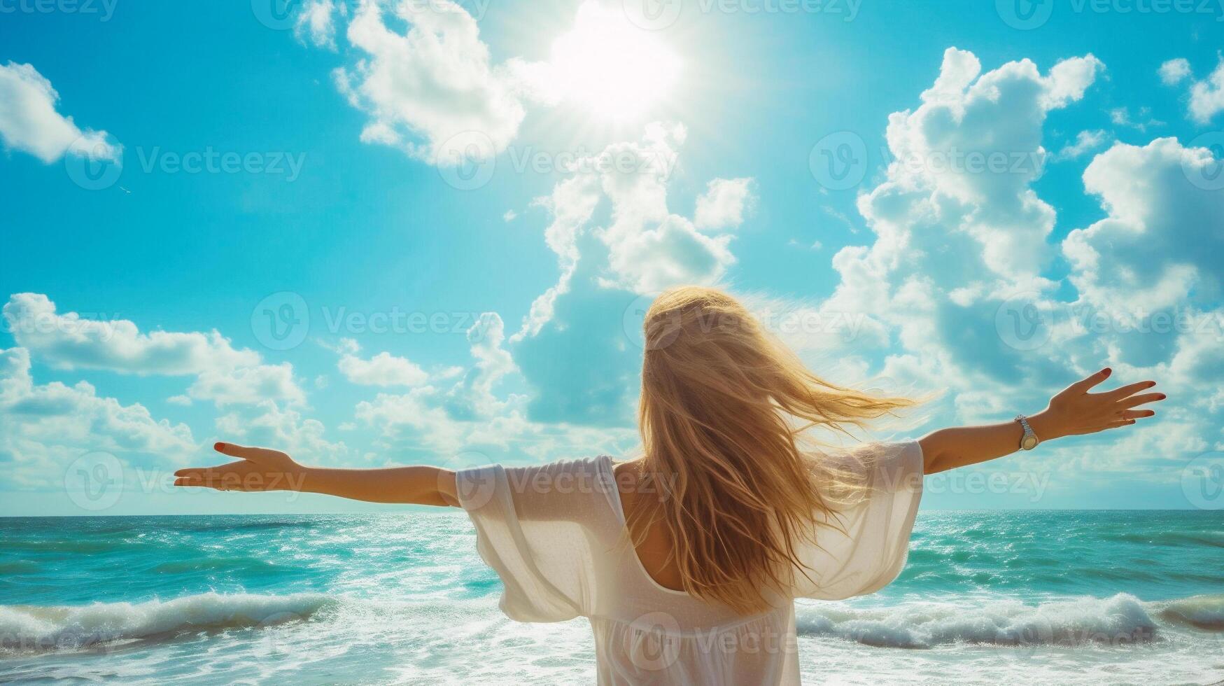 AI generated Happy young woman with arms outstretched on the beach. Freedom concept photo