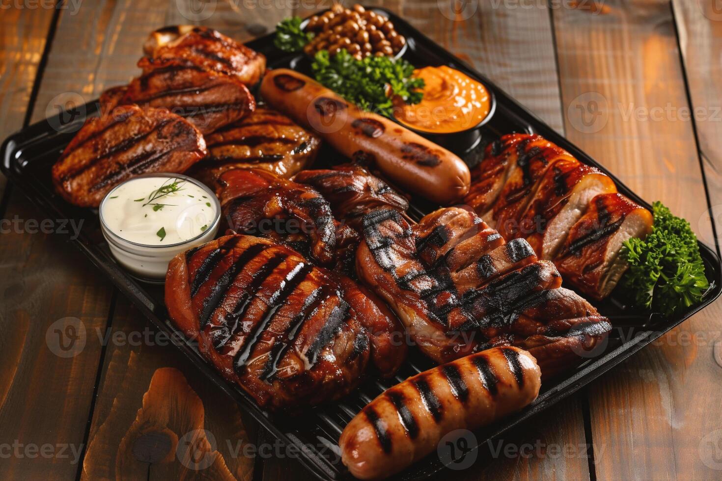 AI generated Grilled sausages with sauces on wooden table, closeup photo