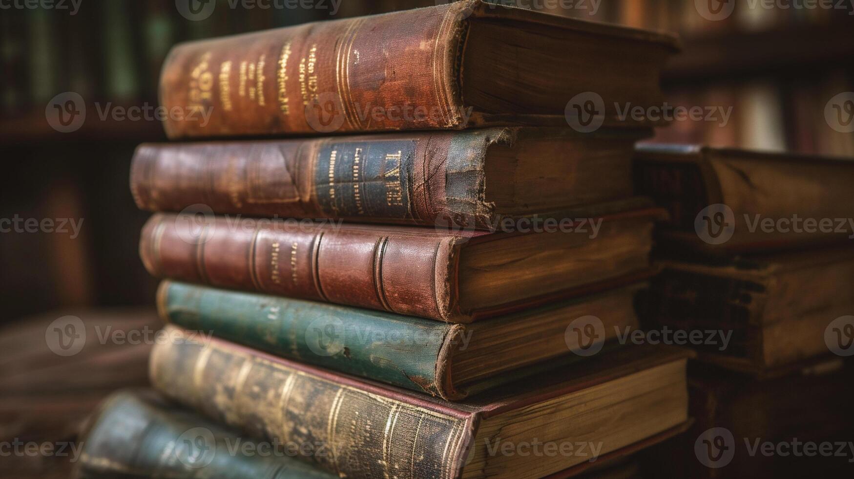 AI generated stack of old books on the table,vintage color tone. photo